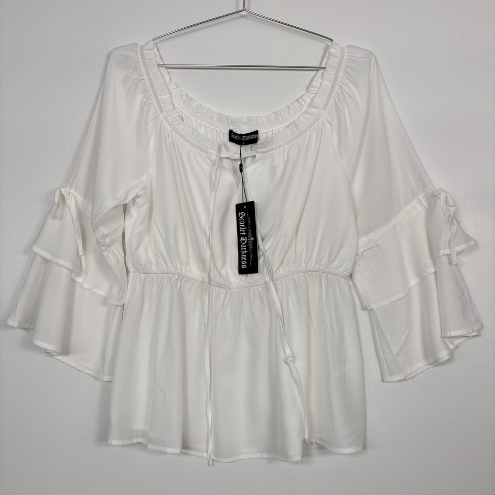 NWT Scarlet Darkness Blouse Womens Large White 3/4 Bell Sleeve Peasant Pirate